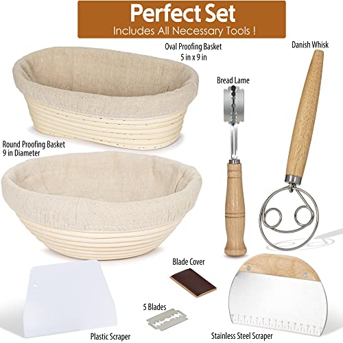 Ecomerr 9” Banneton Bread Proofing Basket - Set Of 2 Round & Oval Rattan Proofing Baskets For Sourdough Bread Baking With Bread Lame + Steel & Plastic Dough Scraper + Linen Liner Cloth + Dough Whisk #TOP1