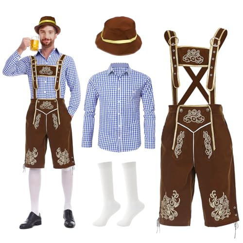 Zinueen Oktoberfest Hombre, Lederhosen Hombre, Disfraz Oktoberfest Hombre, Disfraz Oktoberfest Pantalones de Piel, Calcetines y Sombrero, Traje Tradicional Bávaro para Cosplay