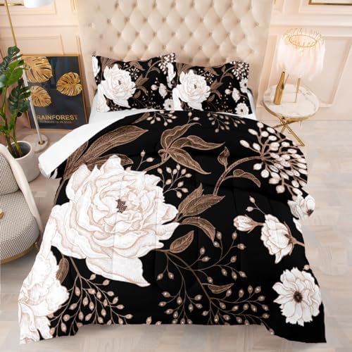 CCoutueChen Botanical Floral Comforter Set Full Size White Flower Leaves Printed Bedding Sets Black Reversible Bedding Soft Down Alternative Comforter Sets for Girls Kids Teen