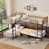 Mirightone Quad Bunk Bed, Heavy Duty Metal 4 Bunk Beds for Kids with Ladders, Detachable Industrial L-Shaped Bunk Beds, Space Saving Design,Can Be Divided Into 3 Twin Beds, Black