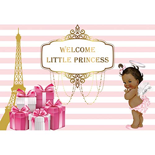 Haoyiyi 8x6ft Baby Shower Backdrop Welcom Little Princess Gold Glitter Eiffel Tower Pink White Striped Gift Photography Background Angel Girl Kids Newborn Birthday Party Celebration Decoration Photo