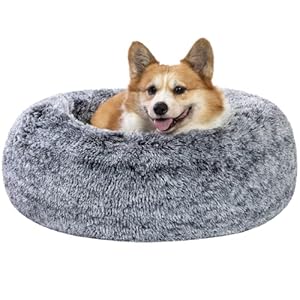 CATBOAT 30” Calming Cat Bed – Indoor Washable Donut Dog Bed with Non-Slip Bottom,Fluffy Faux Fur Plush Cat Donut Bed Anti Anxiety, Self Warming Cuddler Cushion Bed for Large Dogs and Cats, Grey