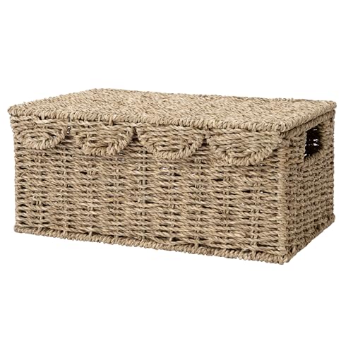 Image of StorageWorks Scalloped Edge Wicker Basket with lid, Wicker Storage Basket with Built-in Handles, Handwoven Basket for Décor, Natural Seagrass Wicker Basket for Shelves, Nursery Room