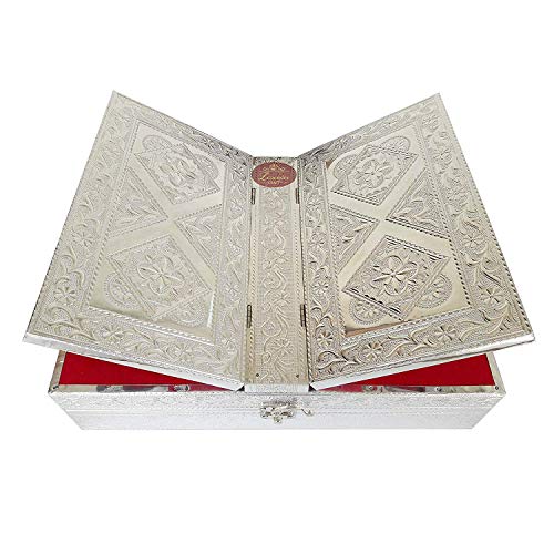 Fasherati Silver REHAL HOLY Quran Book Stand-Book Box - Wooden Handmade, Silver Metal Finish (13.12" x 10.12" x 3.67" INCH)