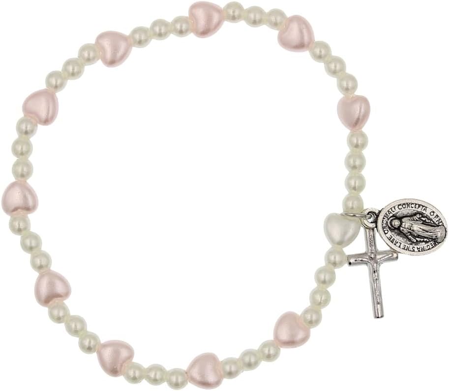 Pink and White Stretch Rosary Bracelet with Heart Shaped Beads with Crucifix and Miraculous Medal