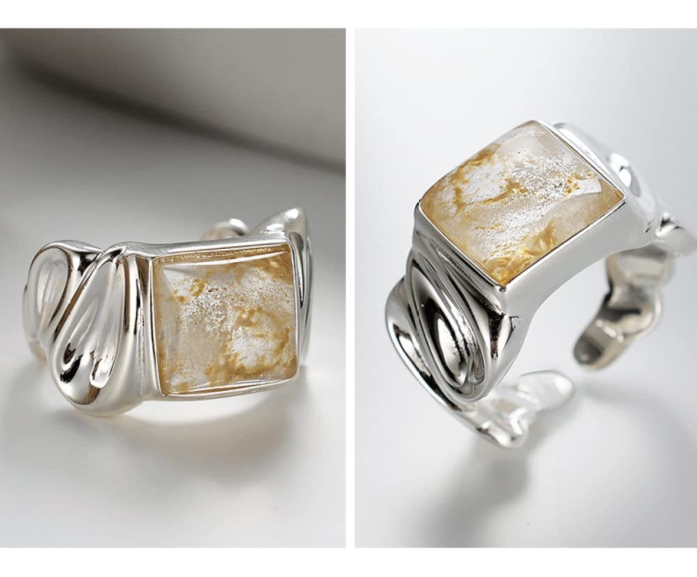HGJH Anelli d'Argento,Anello Grosso Regolabile per Donna Quadrato in Pietra Naturale Argento Sterling 925 Irregolarità Nocche Anelli Matrimonio Gioielli Eterni Regali per Ragazze Signore