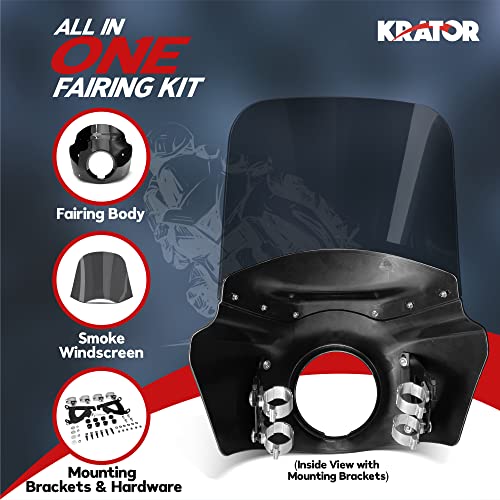 Krator Motorcycle Windshield Fairing Kit, Harley Dyna And Softail Compatible, 35-49Mm Forks, Road Warrior Style, Black & Smoke Windscreen, Dyna Fairing #TOP2