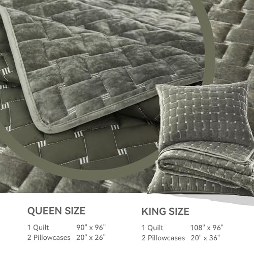 Image of Grassix Velvet Quilt Set Queen Size, Luxury Geometric Design, Olive Green | Lightweight Velvet Comforter with 2 Pillow Shams, Ultra Soft Bedspread Coverlet, Quilted Bedding Set for All Seasons, 90 inchx96 inch