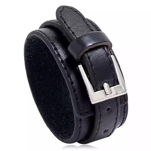 Fashion Men Leather Bracelets Cuff Rope Bangle Double Wide Black Brown Color Vintage Punk Unisex Jewelry Wristband Gift (Black)