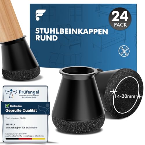 shinfly Stuhlbeinkappen Rund 24 Stück, Schutzkappen für Stuhlbeine, Silikon Stuhlbeinschoner für Stühle & Bodenschutz, Filzgleiter für Schräge Stuhlbeine, Geräuscharm【Schwarz Fit:14-20mm】