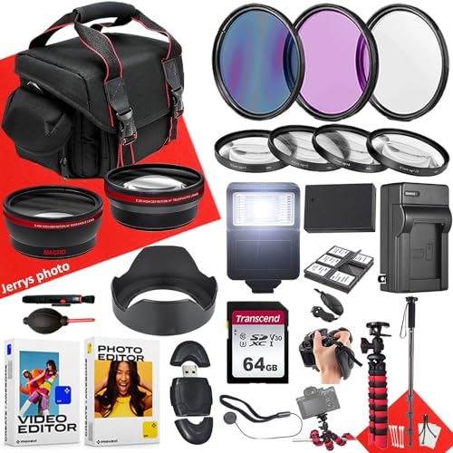 55mm Accessory Bundle for Canon EOS R10 + Wide Angle and Telephoto Lens + Battery + 64GB Memory Card + Slave Flash + Filters + Monopod + More (26pc Bundle)