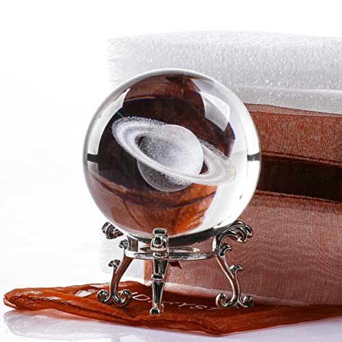 Image of ZEERSHEE 3D Glass Laser Saturn Crystal Ball with Stand 60mm Decorative Glass Ball Paperweights Space Decor for Home