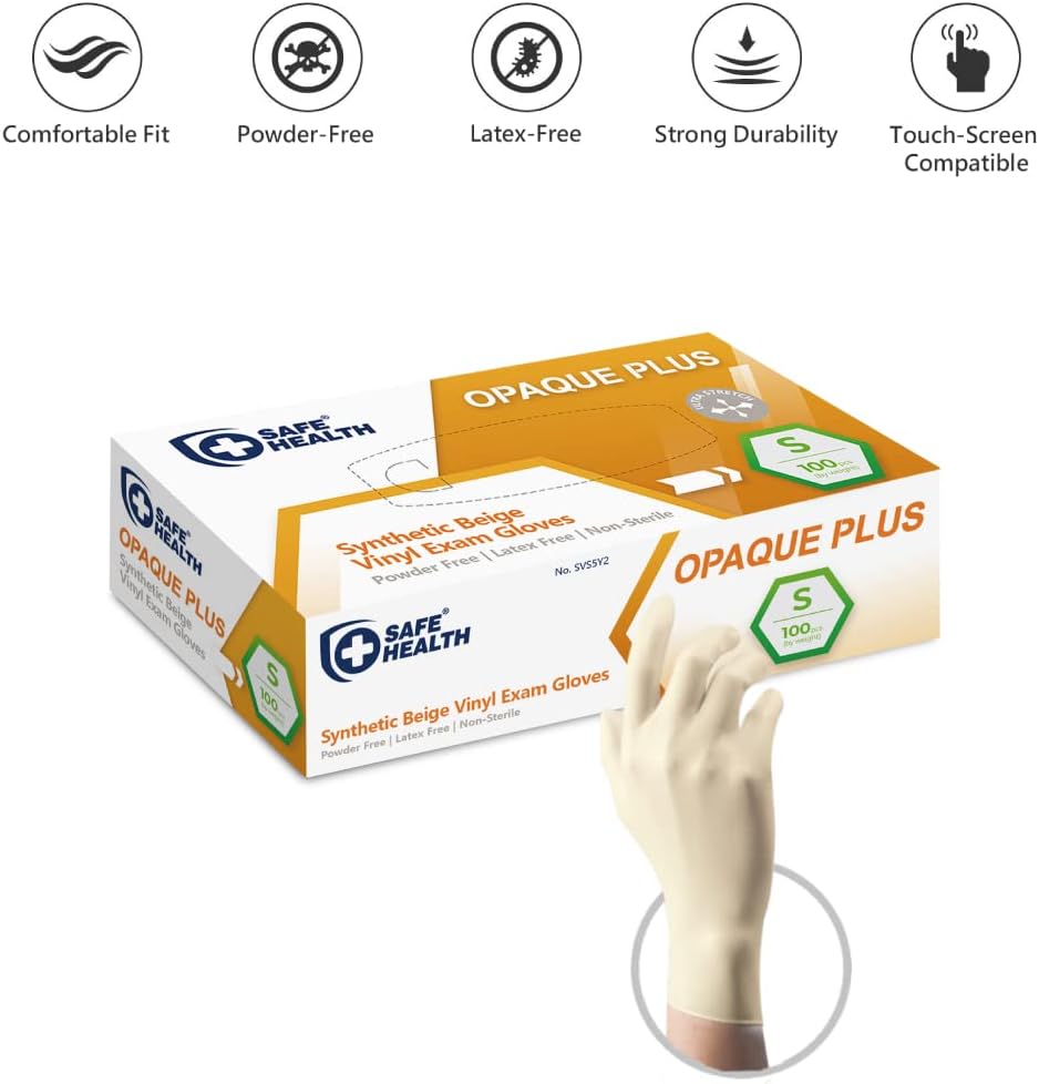Safe Health Vinyl Synthetic Beige Exam Disposable Gloves, Free of Latex and Powder, Medical Grade