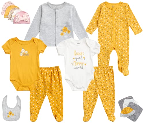 Image of Duck Duck Goose Newborn Baby Take Me Home Layette Gift Set - 17 Piece Jacket, Pants, Bodysuit, Romper, Hat, Washcloth (0-9M)