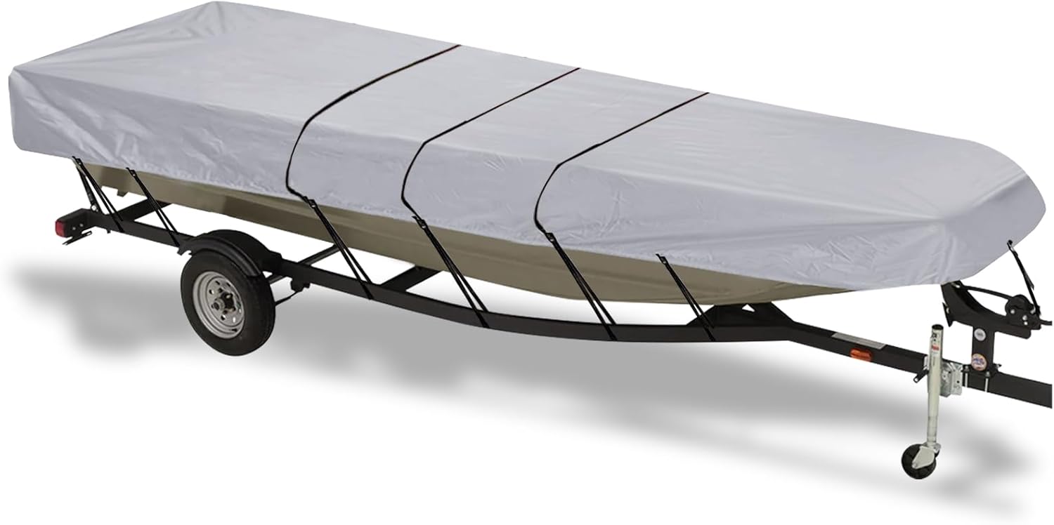 Jon Boat Cover, Heavy Duty 800D 100% Waterproof Marine Grade Oxford Cloth, Weather Resistant Windproof UV & Tear-Resistant Boat Covers with Motor Cover, 16-18ft Long by 75in Wide, Light Grey Jon Boat Cover, Heavy Duty 800D 100% Waterproof Marine Grade Oxford Cloth, Weather Resistant Windproof UV & Tear-Resistant Boat Covers with Motor Cover, 16-18ft Long by 75in Wide, Light Grey