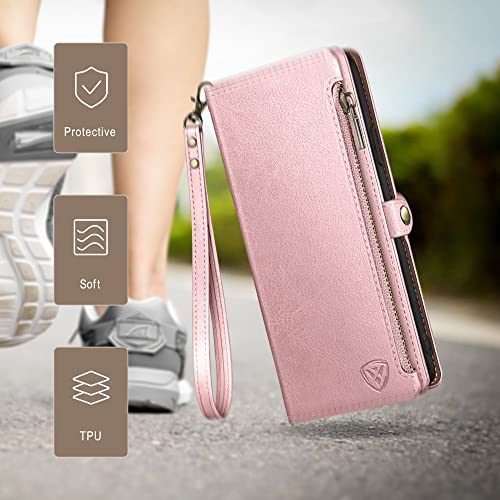 Image of XcaseBar Compatible with Samsung Galaxy S25 Wallet case with Zipper Credit Card Holder【RFID Blocking】,Flip Folio Book PU Leather Phone case Shockproof Cover Women Men for Samsung S25 case Rose Gold