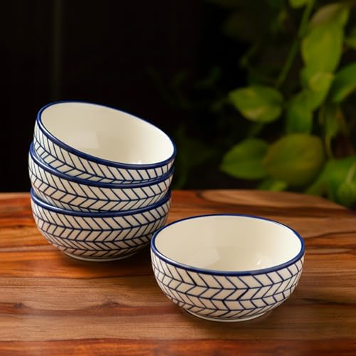 Image of ExclusiveLane 'Indigo Chevron' Ceramic Bowls for Serving Bowl Set (Set of 4, Microwave & Diswasher Safe, Each Bowl Capacity : 380 ml) |Bowl for Kitchen Snacks Serving Bowl Ceramic Snack Bowl