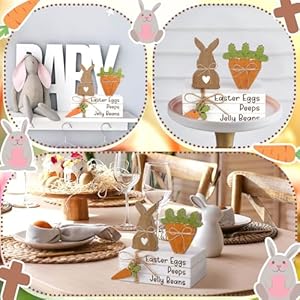 Ferraycle 4 pcs easter table decor wooden sign happy easter farmhouse wooden block decorative book tiered tray easter decor rustic spring decoration for fireplace living roombunny carrot style  urban country home decor