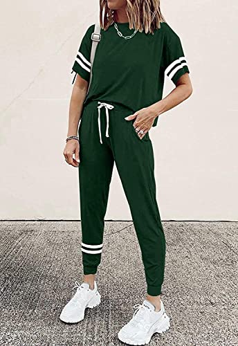 Image of PRETTYGARDEN Women's Two Piece Outfits Striped Short Sleeve Pullover and Long Pants Tracksuit Pajama Lounge Jogger Sets