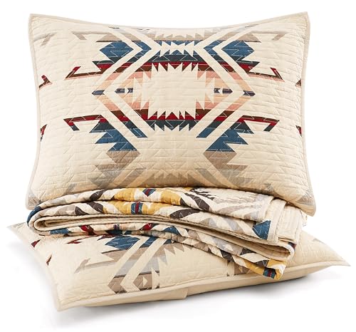 Image of PENDLETON White Sands King/Cal King Quilt Bedding Set, 2 Shams, Quilted Bedspread Premium Cotton Coverlet for Bed, Washable, 110-inch x 96-inch, Beige Diamond Print