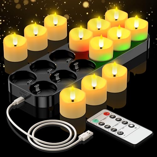 daphomeu Rechargeable Tea Lights with Charging Base - 12 Pack Battery Operated Flameless Tea Light Candles 24h Cycle Timer + Remote USB Rechargeable Candles for Halloween Christmas and Home Decor