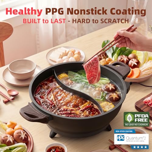 Image of TWIN Electric Hot Pot with Divider | PFAS-Free Ceramic Nonstick Pot | EvenHeat Cast Aluminum Body | 1500W Fast Heating | Dual-Flavor Shabu Shabu Pots for Family Use | 1-Yr Warranty