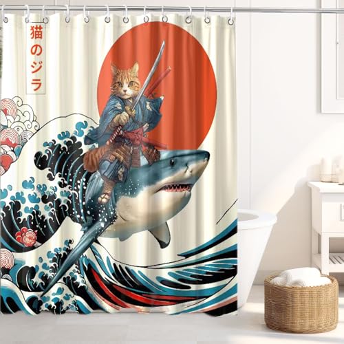 Image of Funny Japanese Cat Shower Curtain, Cat Riding Shark Japan Anime Ocean Wave Waterproof Shower Curtain with Hooks, Funky Animal Sun Fabric Shower Curtains Kids Bathroom Decor 72X72inches