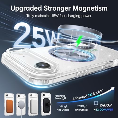 Image of DOMAVER for iPhone Air Case Glitter, Magnetic Case Compatible with MagSafe, Shockproof Military Grade Drop Protection, Slim Sparkle Bling iPhone 17 Air Cover for Women Girls, Clear