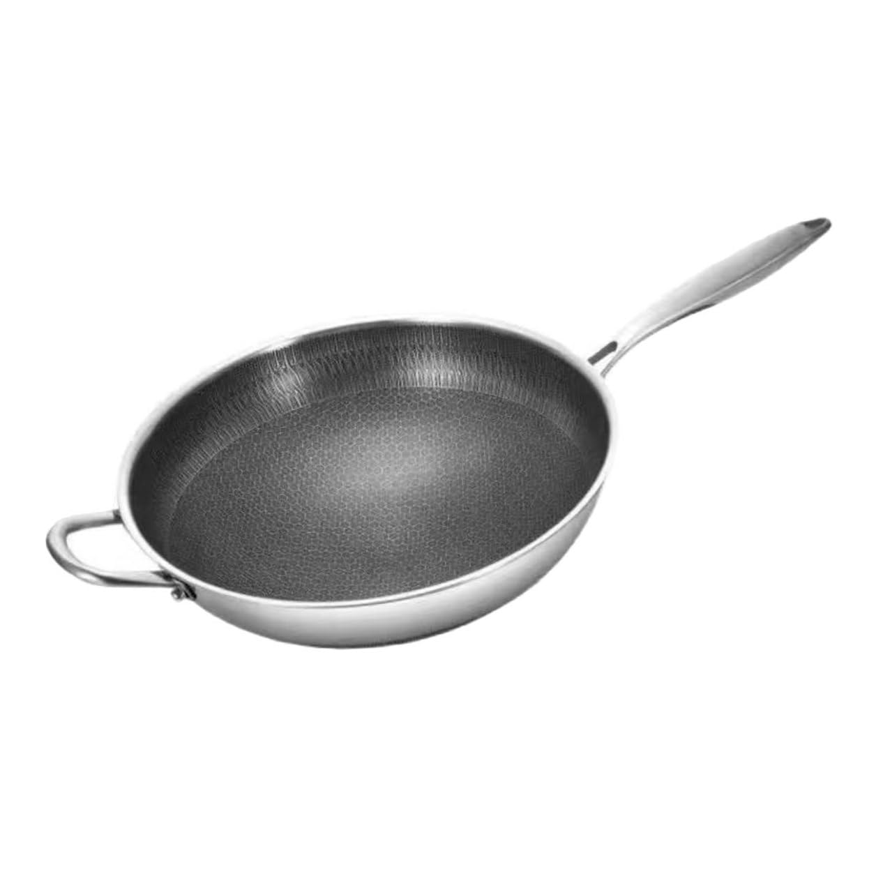 Edelstahl Wokpfanne mit Wabenstruktur und Griffen für Braten | Silber, Leichte Ausführung mit Gleichmäßigem Boden, Schlichtes Design für Steaks und Kartoffeln