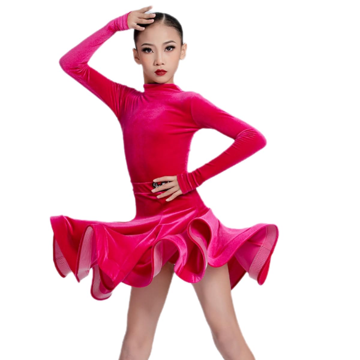 HEARTTOUCH Girls Velvet Latin Dress Rumba Samba Costume Long Sleeve Leotard Skirt Professional Ballet Performance Dancewear (Rose,M-130,Medium)