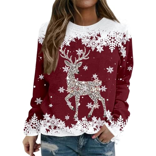 Sudadera de Navidad para mujer, fea, brillante, Navidad, reno, estampado navideño, camiseta de manga larga forrada de invierno, básica, engrosada, tallas grandes, camiseta de Navidad, O Vino, S