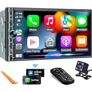 Upgrade Wireless Double Din Car Stereo with Carplay, Android Auto, Bluetooth, 4-Channel RCA, High Power, 2 Subwoofer Ports, 7″ HD Capacitive Touchscreen Car Radio, Backup Camera, Audio Receiver