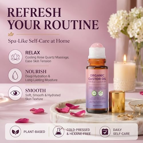 Organic Castor Oil Roll On with Rose Quartz Roller, 100% Cold Pressed Organic Castor Oil, Hexane-Free, Multi-Use for Face, Body, Hair & Eyebrows, Leaves Skin Soft, Smooth & Hydrated, 1.7 fl oz — view 5