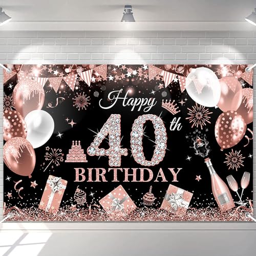 Avezano Happy 40th Birthday Banner for Women Black and Rose Gold ...