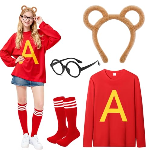 Dazzroi 4Pcs Chipmunks Costume Set for Adults Chipmunk Fancy Dress Outfit with Long Sleeve Top Chipmunks Headband Glasses Soccer Socks for World Book Day Halloween Cosplay Animal Themed Party