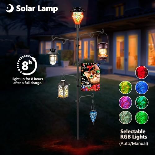 LUJII Solar Shepherds Hooks for Outside, Bird Feeder Stand with 4 Adjustable Hangers and 1 Flag Holder, Garden Stand for Hummingbird Feeders, Wind Chimes, Plant Baskets, Lanterns (Red) by LUJII - Image 2