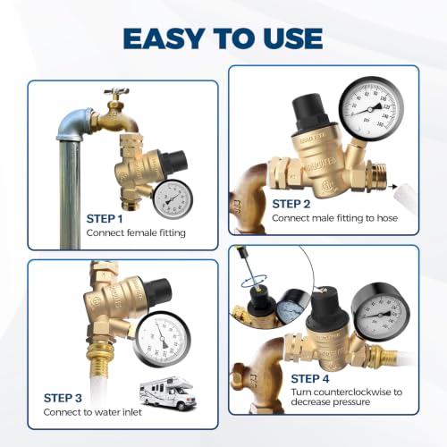 Image of RVGUARD RV Water Pressure Regulator Valve, CSA Approved, Lead-Free Brass | Adjustable Water Pressure Reducer with Gauge, With Inlet Screen Filter, For RV Camper Travel Trailer