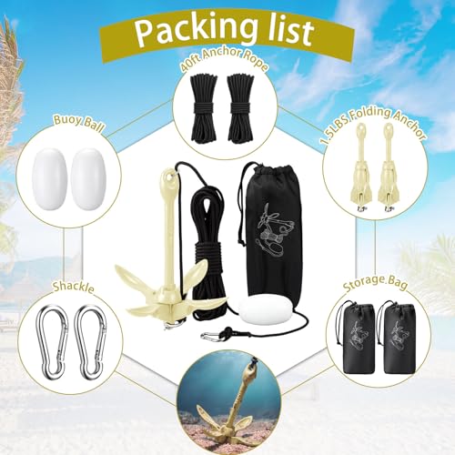 Image of Lounsweer 2 Pack 1.5 /3.5 lb Marine Kayak Anchor Kit Folding Grapnel Anchor Kit Boat Kayak Fishing Accessories for Small Boats Kayaks Canoe Paddle Boards