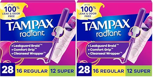 Image of Tampax Radiant Tampons Multipack with Leakguard Braid, Regular /Super Absorbency, with Leakguard Braid, Unscented, 28 Count (Pack of 2)