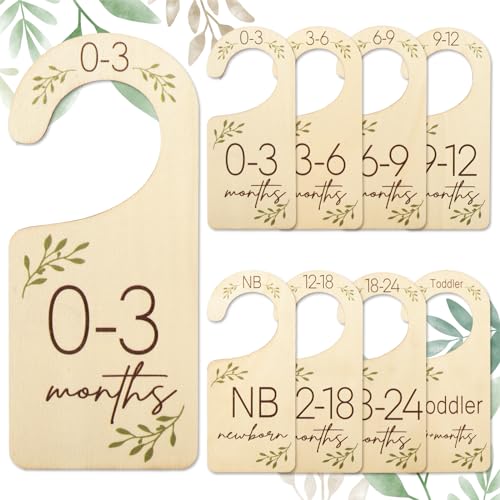 Image of Whaline 8Pcs Green Leaves Hanging Wooden Closet Size Dividers - Baby Wardrobe Organizer for Newborn to 24 Months