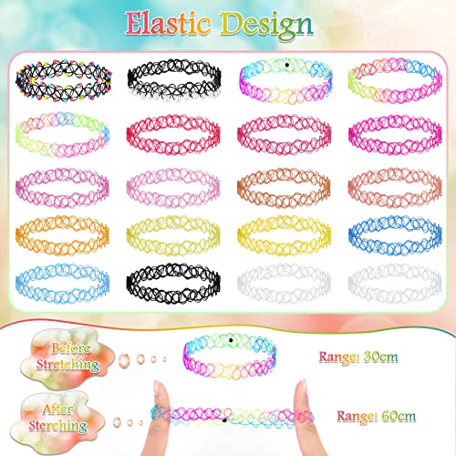 shynek 20er-Pack Tattoo-Halsketten-Set für Mädchen, modisches Stretch-Spitzen-Halsband, Gothic-Elastik-Kragen-Schmuck-Set für Frauen, Teenager-Mädchen