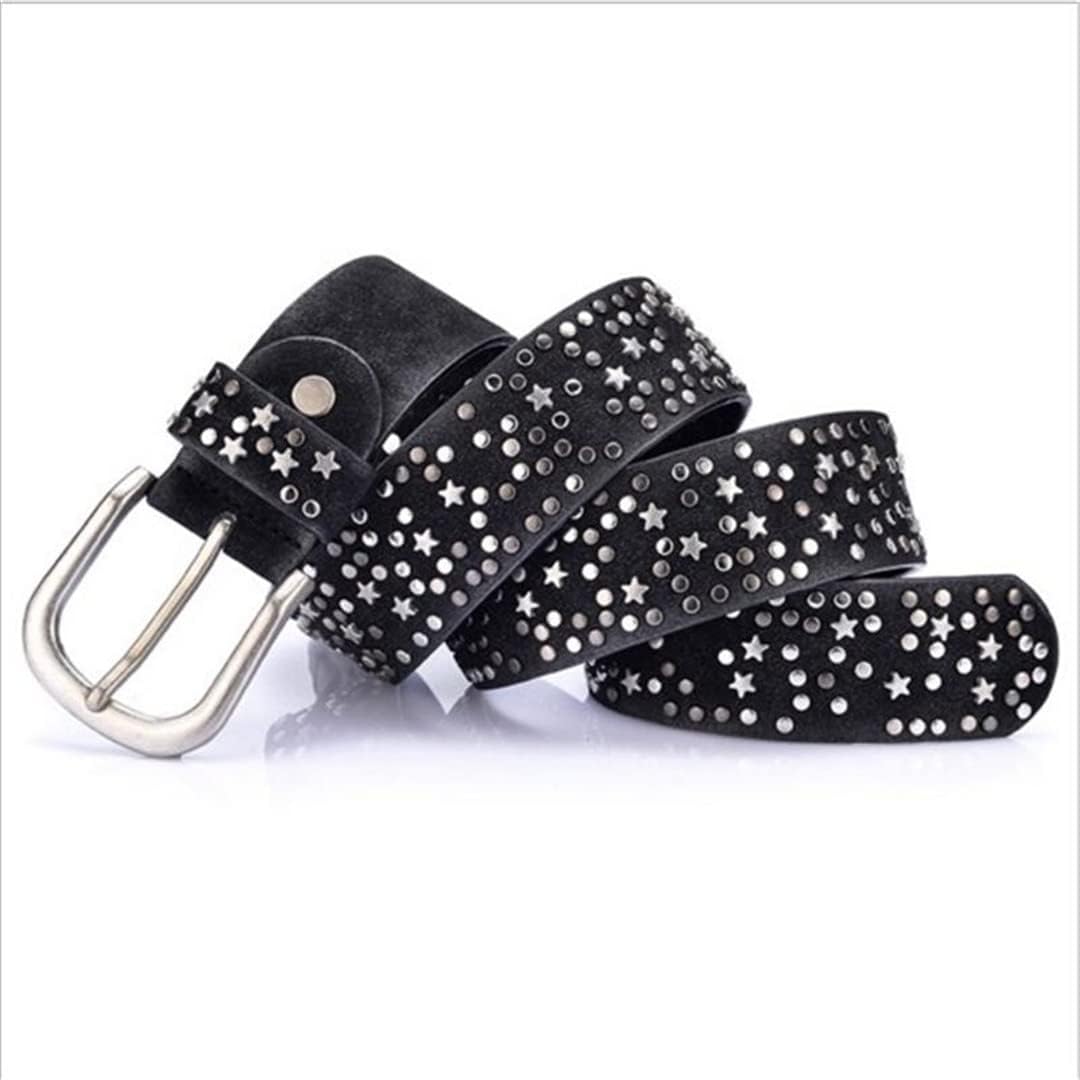 Mkjuuior Woman Belts Star Geometric Rivet Pin Buckle PU Belt for Women Top Faux Leather Strap for Jeans