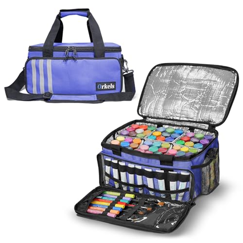 Image of ORKELS Craft Paint and Marker Organizer, Acrylic Paint Storage Bag with Brush and Bottle Holders, Large Marker Carrying Case for Artists (Purple)