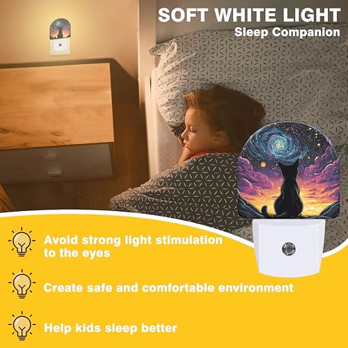 Image of Van Gogh Starry Night Night Light, Black Cat Night Lights Plug into Wall Dusk to Dawn Sensor Round Nightlight for Women Men Energy Efficient Led Lamp 0.5W for Stairway Hallway Bedroom