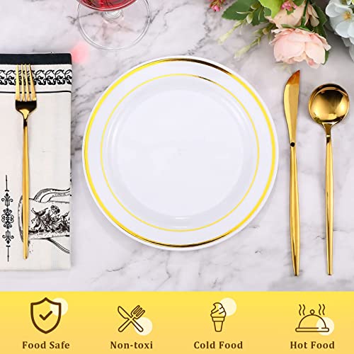 200 Pieces Disposable Plates Plastic Party Plates With Rim Hard Plastic Appetizer Salad Dessert Plates 7.5 Inch Elegant Heavy Duty Plates For Dinner Wedding Party Supplies(Gold Rim) #TOP2