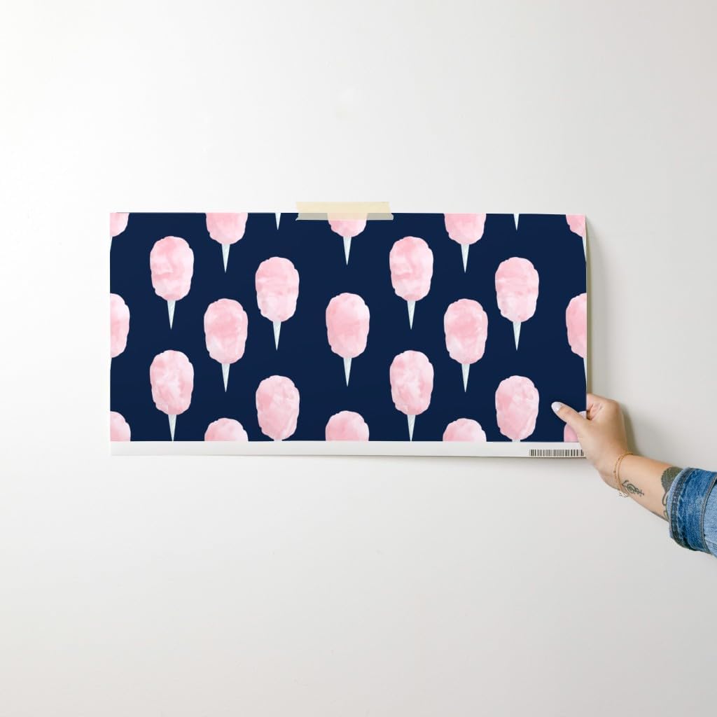 Spoonflower Peel & Stick Wallpaper Swatch - Cotton Candy Pink Navy Trendy Fair Food Junk Fairy Floss Custom Removable Wallpaper
