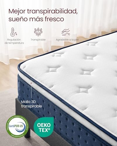 VASAGLE Colchón Individual, 90 x 190 x 25 cm, Colchón Híbrido con Muelles Ensacados, Espuma Viscoelástica con Gel, 7 Zonas de Soporte, Bordes Reforzados, Funda Transpirable, Azul RMZ221QZ02