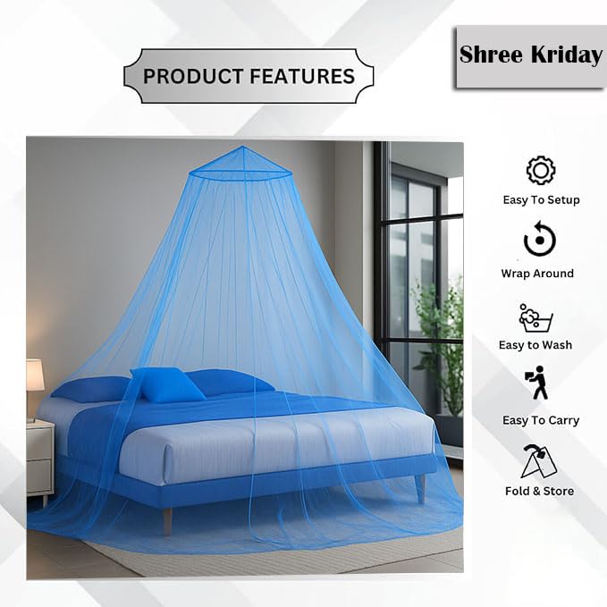 Image of Polyester Hanging Round Mosquito Net for Double Bed, King Size Bed (Sky Blue)