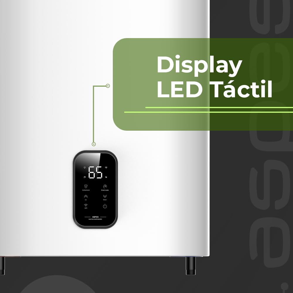 Aspes Termo Eléctrico 50 Litros, AT5000DDW. 2000W, Kit de Montaje Incluido, Resistencia Acero Esmaltado, Termostato Digital, Temperatura Máx 93 º, Blanco, Eficiencia Energética Clase B