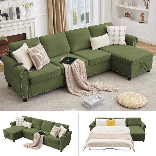 Image of ERYE L-Shaped Reversible Sectional Sofa with Pull Out Queen Memory Mattress Sleeper Bed, 2-in-1 L-Shaped Corner Sectional Couches W /Wireless Charging, Storage Chaise Lounge